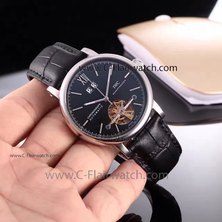 Copy IWC Schaffhausen Tourbillon Black Face Watch SS New